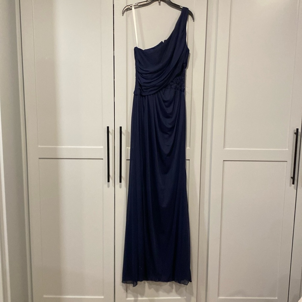David’s Bridal blue one strap dress